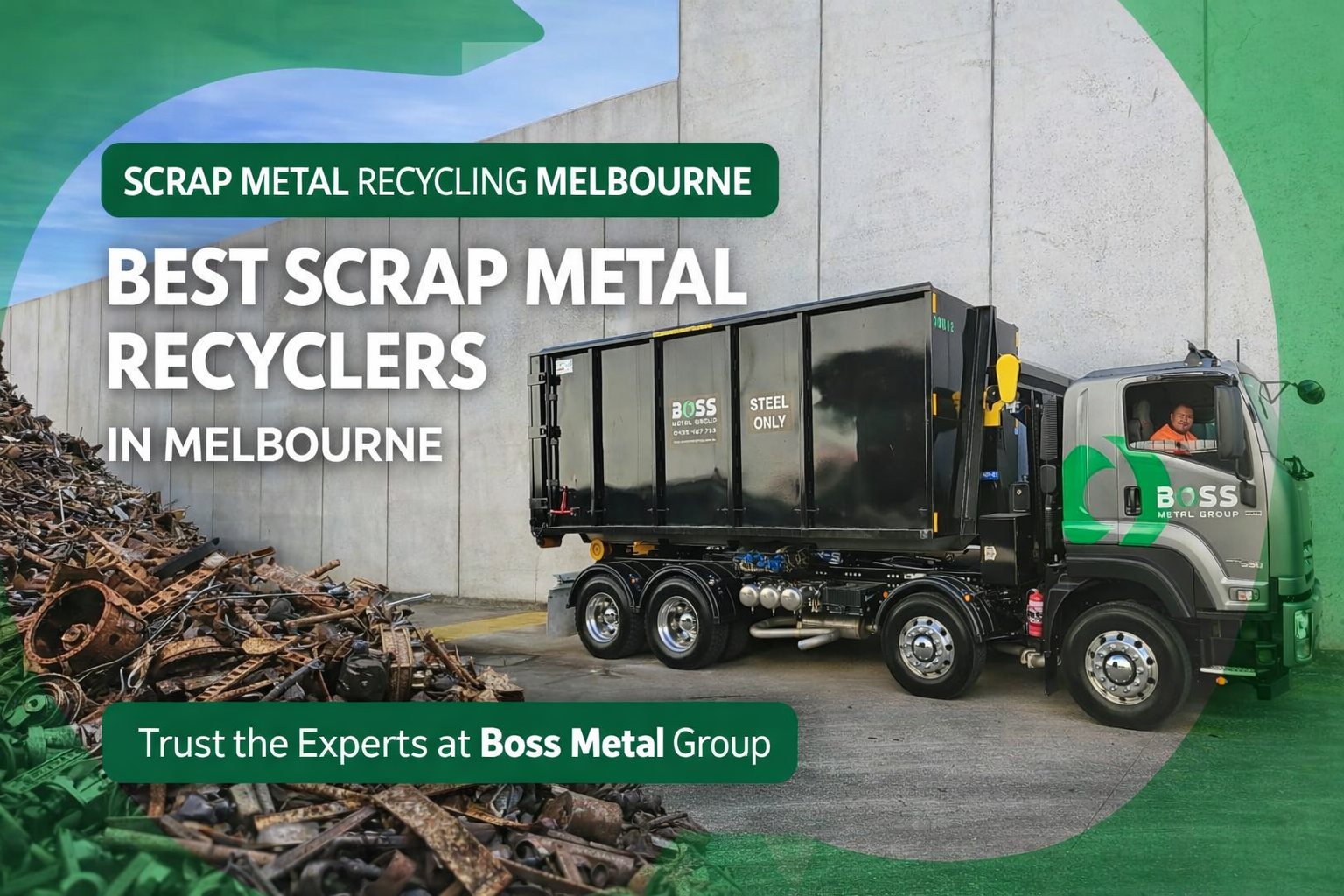 Boss Metal Group scrap metal recycling truck collecting steel scrap in Melbourne, offering professional scrap metal recycling and bin hire services.