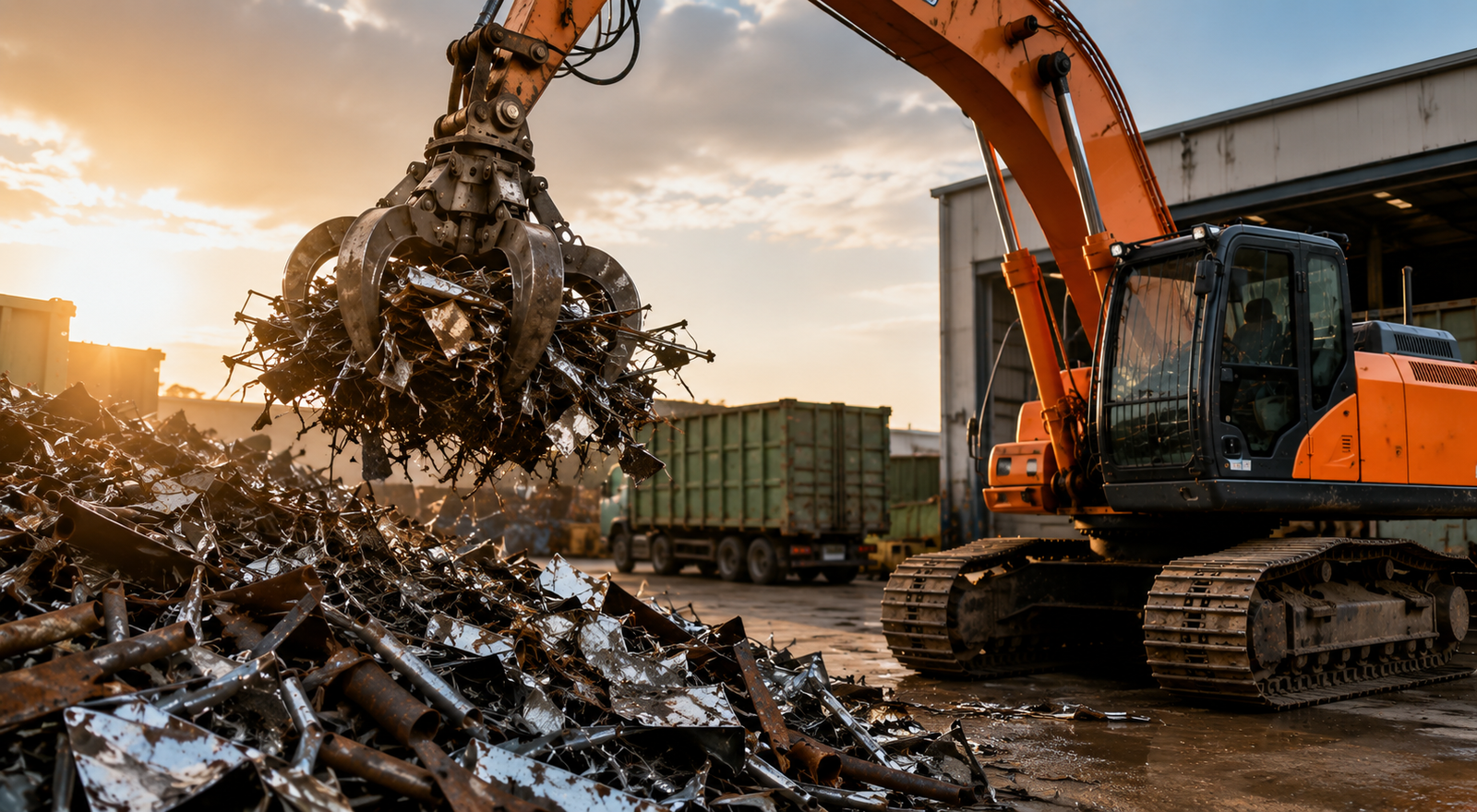 Excavator collecting scrap metal at a recycling yard for fast same-day scrap metal collection services that help businesses recycle efficiently.