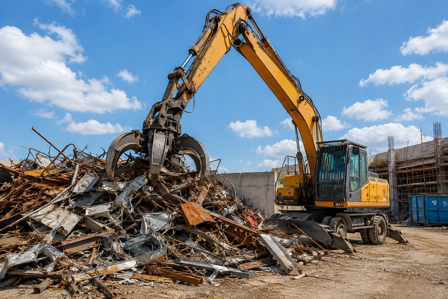 Excavator sorting scrap metal at a Melbourne construction site for efficient recycling and sustainable waste management.