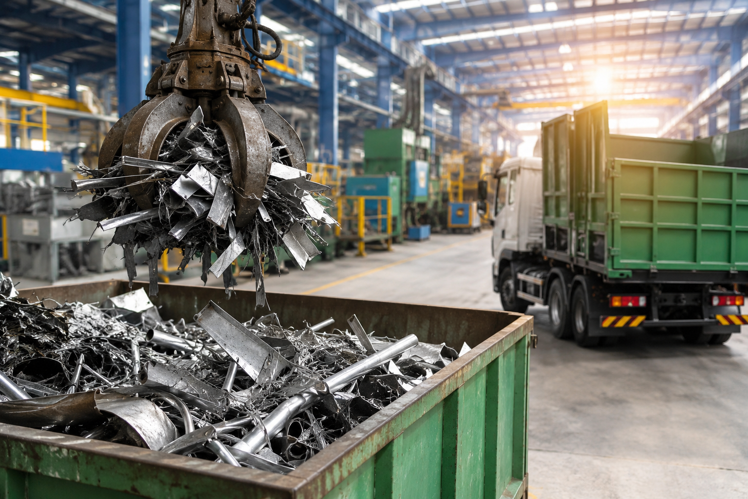 Factory workers sorting scrap metal for recycling to improve operational efficiency and reduce industrial waste.