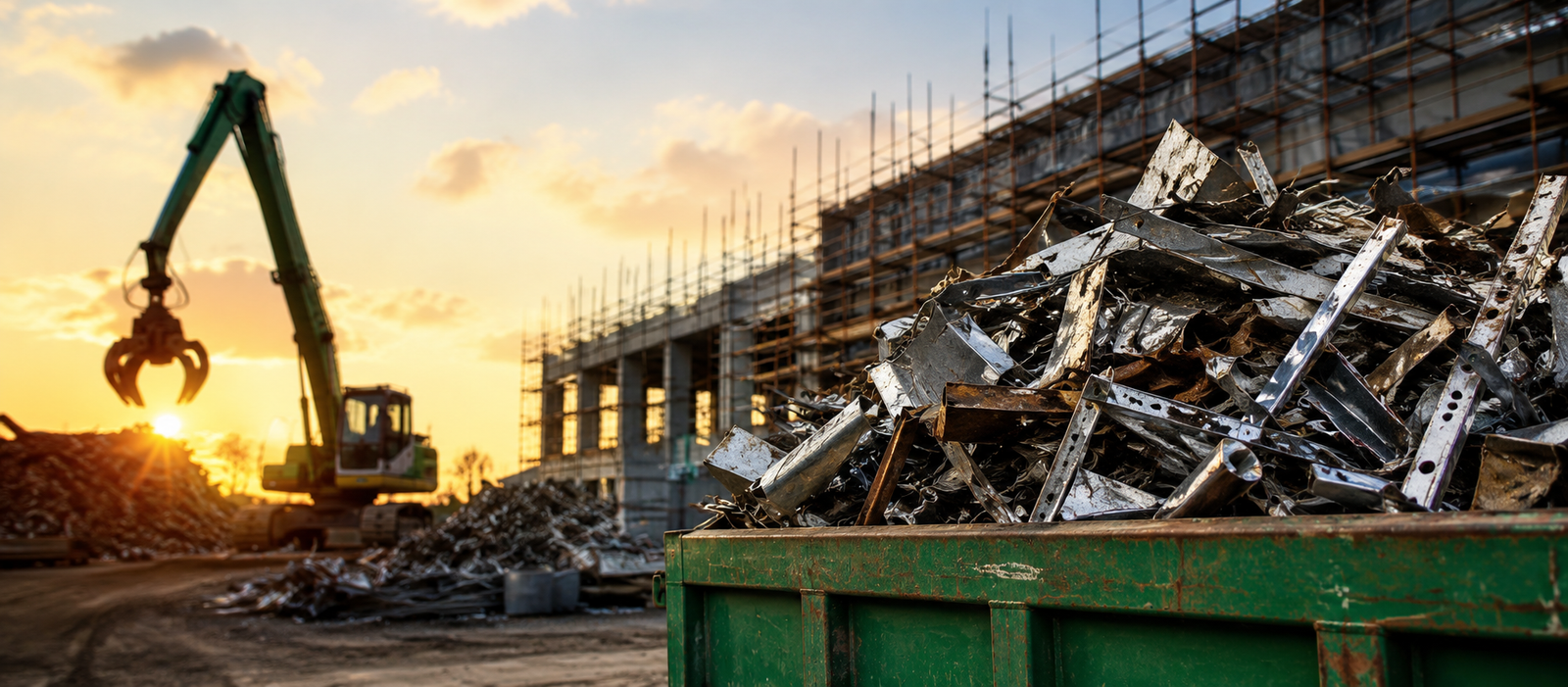 Excavator sorting scrap metal at a recycling facility to support sustainable construction and reduce construction waste.
