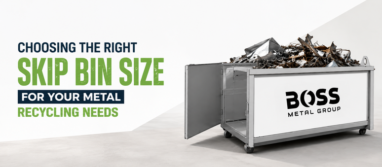 Metal recycling skip bin filled with scrap metal, illustrating how to choose the right skip bin size for efficient recycling.