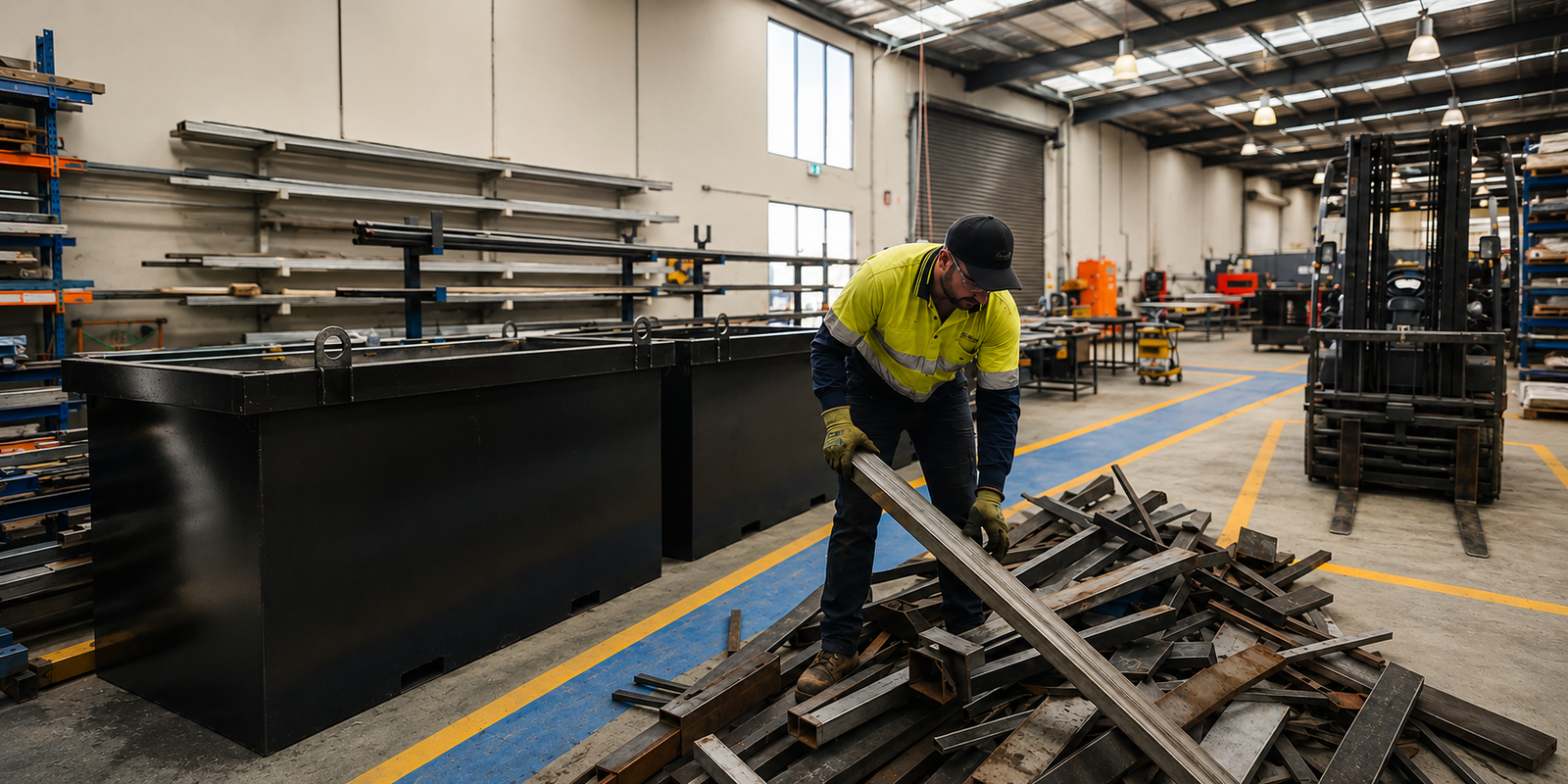 Safe warehouse clean-up with workers removing unwanted metal and scrap materials